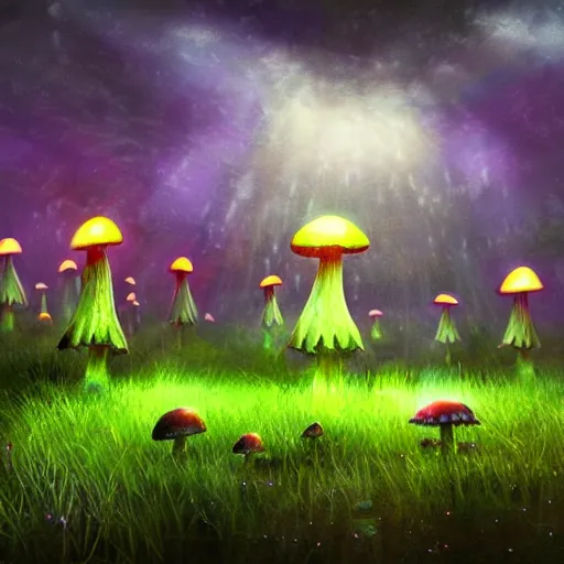 Image similar to field of bioluminescent glowing mushrooms, fantasy concept art, award winning art