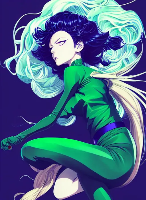 Image similar to style artgerm, joshua middleton, tatsumaki one punch man with green dress, very long blue hair, swirling water swirling, symmetrical face, symmetrical eyes, steampunk cyberpunk,, cinematic lighting