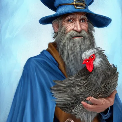 Image similar to character concept art of a kind old wizard with a long white beard looking a confused, holding a pet chicken perched top of his hat, wearing a blue robe, blue eyes, realistic, detailed, trending on ArtStation, by Gerald Brom