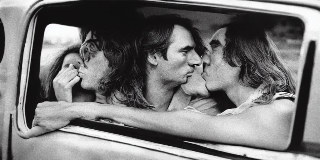 Prompt: 1 9 7 0 s car window closeup, couple kissing in the back seat, coloured film photography, elliott erwitt photography