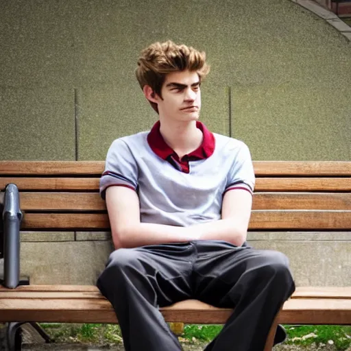 Image similar to photo of sad teenage andrew garfield sitting on a bench in a park, two crutches near bench, wearing shirt and trousers, street of moscow, shallow depth of field, cinematic, 8 0 mm, f 1. 8