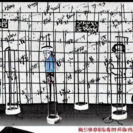 Image similar to uyghurs behind bars, in the style of daniel johnston and outsider art, 4k, overlaid with chinese text