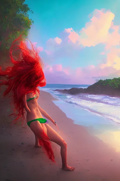 Image similar to red haired girl, green bikini, beach surreal photography, sunrise, dramatic light, impressionist painting, colorful clouds, digital painting, artstation, simon stalenhag