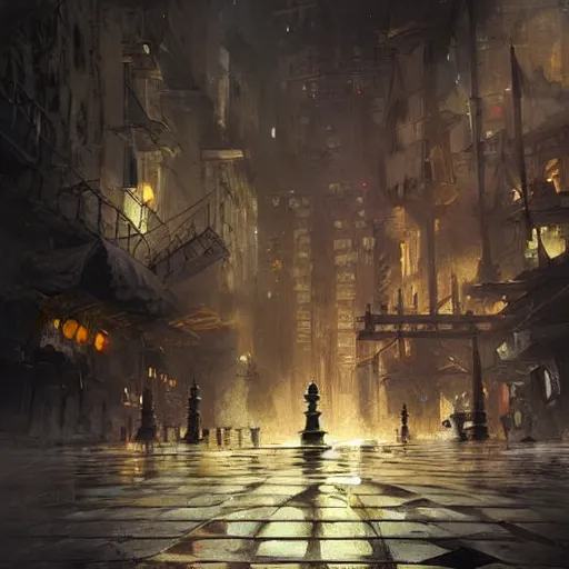 Prompt: concept art of a city whose inhabitants are chess pieces, by greg rutkowski