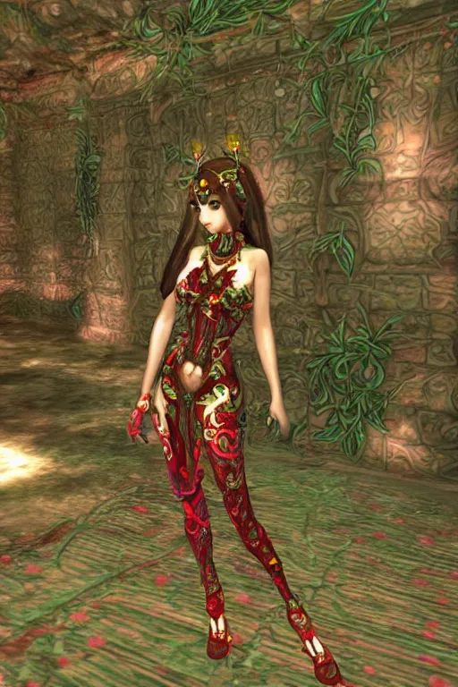 Image similar to cute female forest spirit wearing ornate floral cybernetic mughal valentino resort dress in a 3 d psx ps 2 jrpg style, esoteric scifi magical alien ruins ritual environment, fashion gameplay screenshot, highly detailed