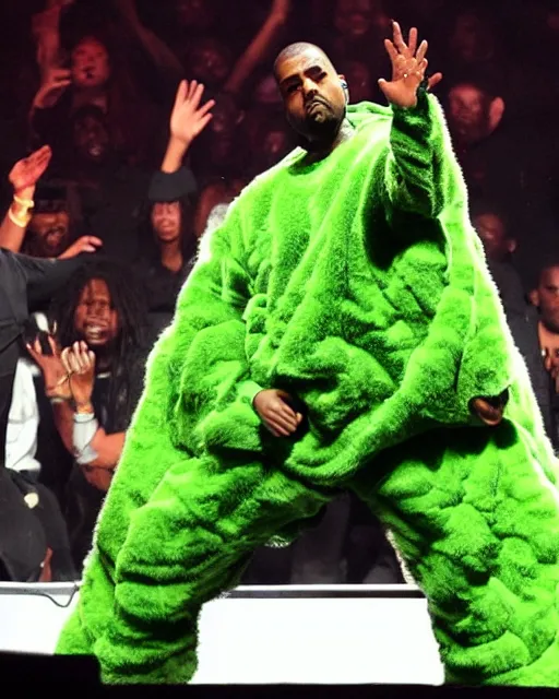 Image similar to kanye rapping on stage but he's covered in green slime