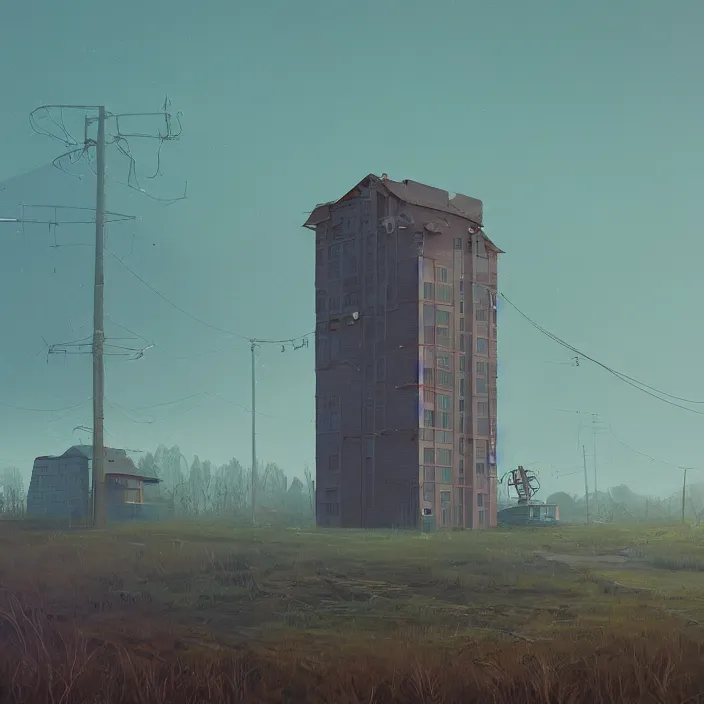 Prompt: a building in a landscape, by simon stalenhag