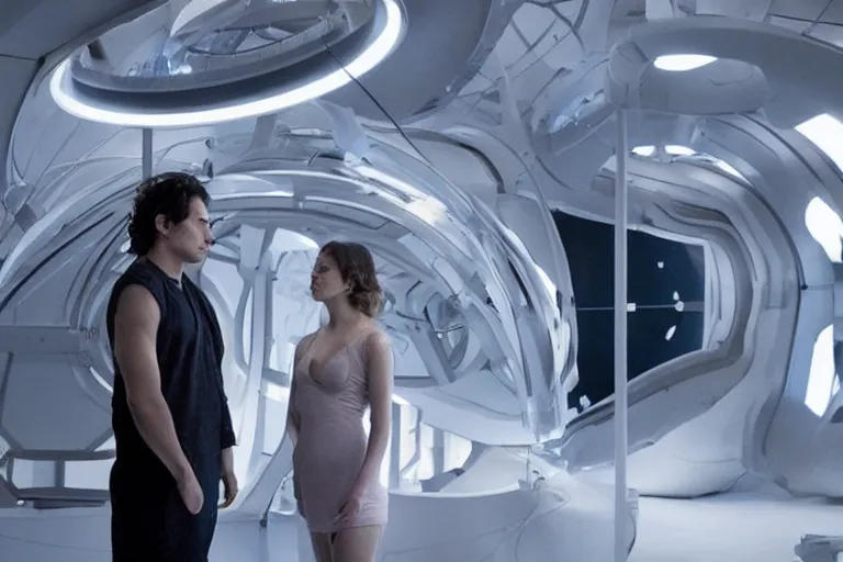 Image similar to movie closeup polar opposites, couple, researchers in a futuristic weapons lab, beautiful skin, Symmetrical faces. Beautiful lighting by Emmanuel Lubezki