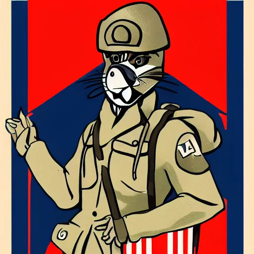 Prompt: fox animal dressed as a soldier in the style of a ww 2 propaganda poster