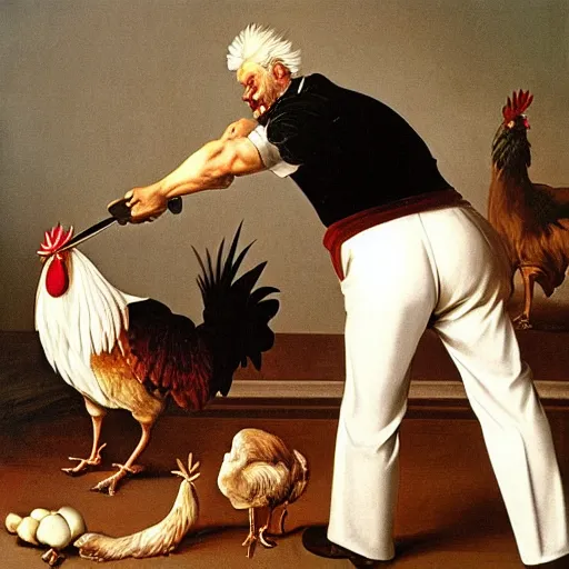 Image similar to Colonel Sanders holding kitchen knife chasing a rooster. Painted by Caravaggio, high detail