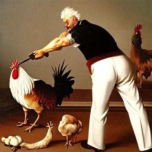 Prompt: Colonel Sanders holding kitchen knife chasing a rooster. Painted by Caravaggio, high detail