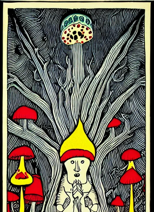 Prompt: tarot card designed by charles burns, painted with oil paint, depicting a drawing of amanita muscaria mushroom, high priest, ritual, dmt space, intricate, ornate