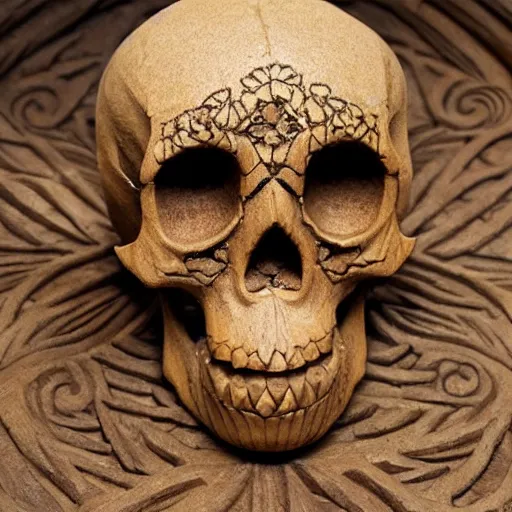 Image similar to intricately carved human skull, intricate ornament