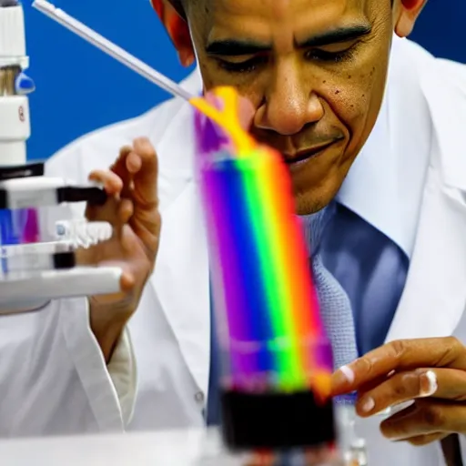 Prompt: a photograph of barack obama wearing a lab coat injecting a frog with a rainbow in a syringe