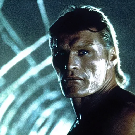 Image similar to movie still, 1 9 8 0 s, dolph lundgren as alien hunter, hyperdetailed, by ridley scott, john carpenter and vittorio storaro, blue leds