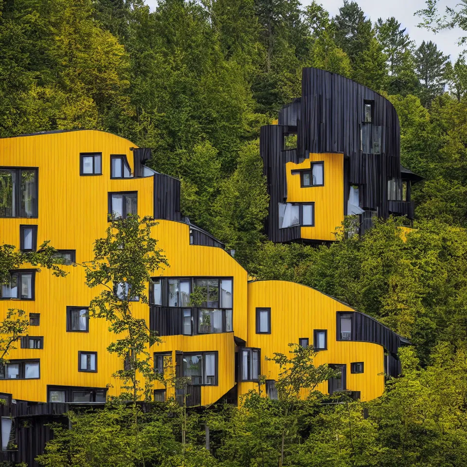 Prompt: a flat horizontal house in the black forest, designed by Frank Gehry. Big tiles. Small wooden pathway . Film grain, cinematic, yellow hue