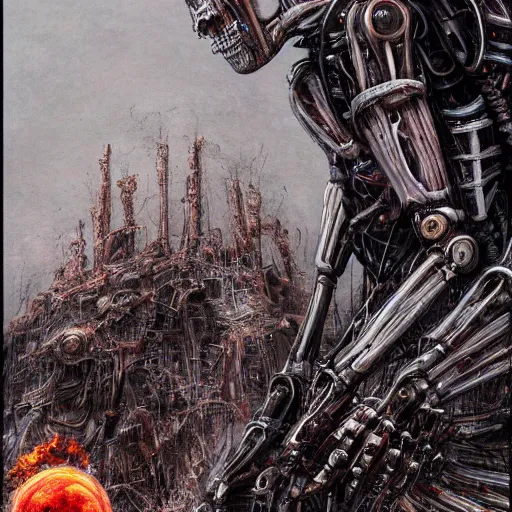 Prompt: death robot shredding guitar, standing in ruined burning street by Yoshitaka Amano, by HR Giger, biomechanical, 4k, hyper detailed, hyperrealism, anime, a Blood Moon rising on a Broken World, deviantart, artstation