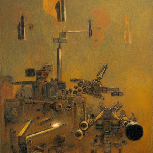 Image similar to Still life of a battle robot surrounded by his weapons, inspired by Henri Fantin-Latour