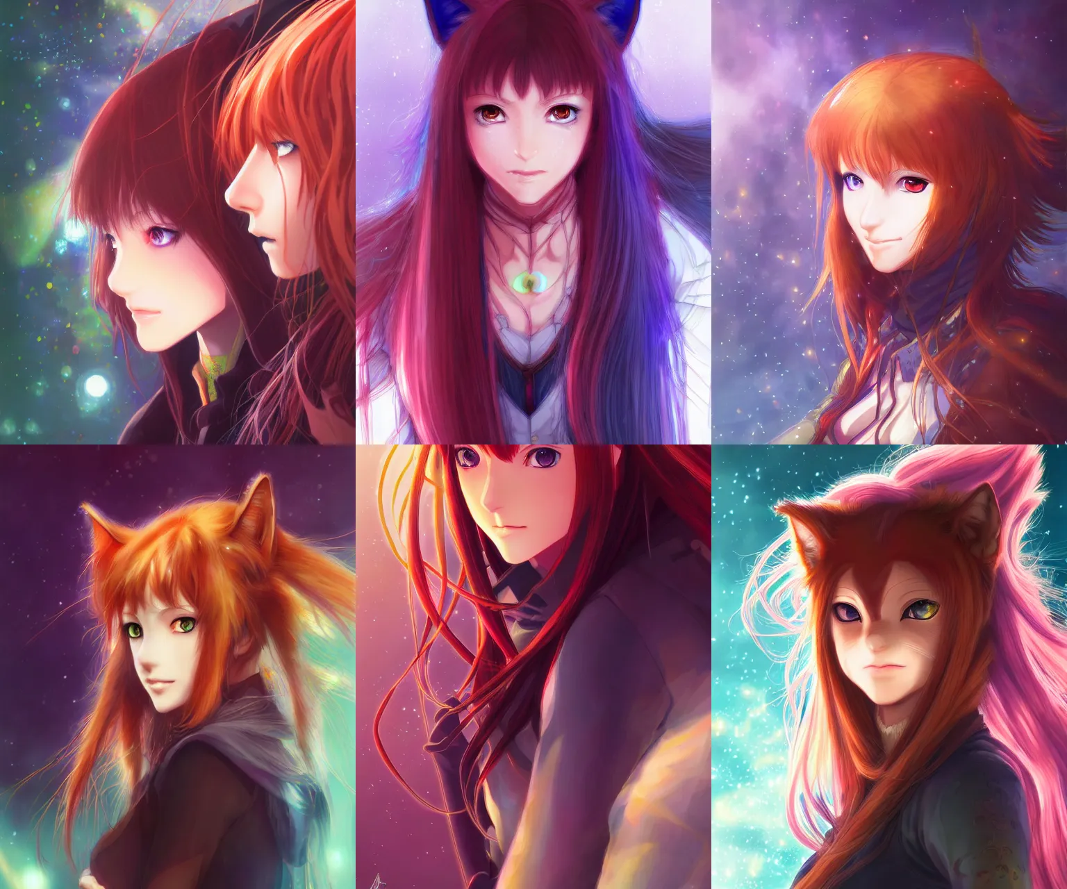 Prompt: portrait of holo spice and wolf, beautiful, fantasy, colorful, cinematic lighting, artstation, trending, highly detailed, focus, smooth, by hirohiko araki and yoshitaka amano