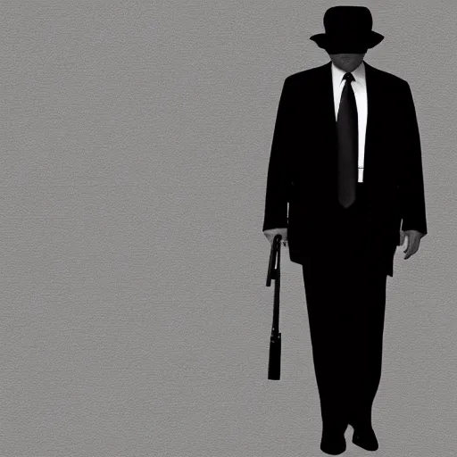 Prompt: mysterious donald trump in black suit and black hat, he has a pistol!!, mysterious, 4 k, highly detailed, digital art, strong shadows, high contrast, epic scene, atmospheric, blue colours, award winning photo