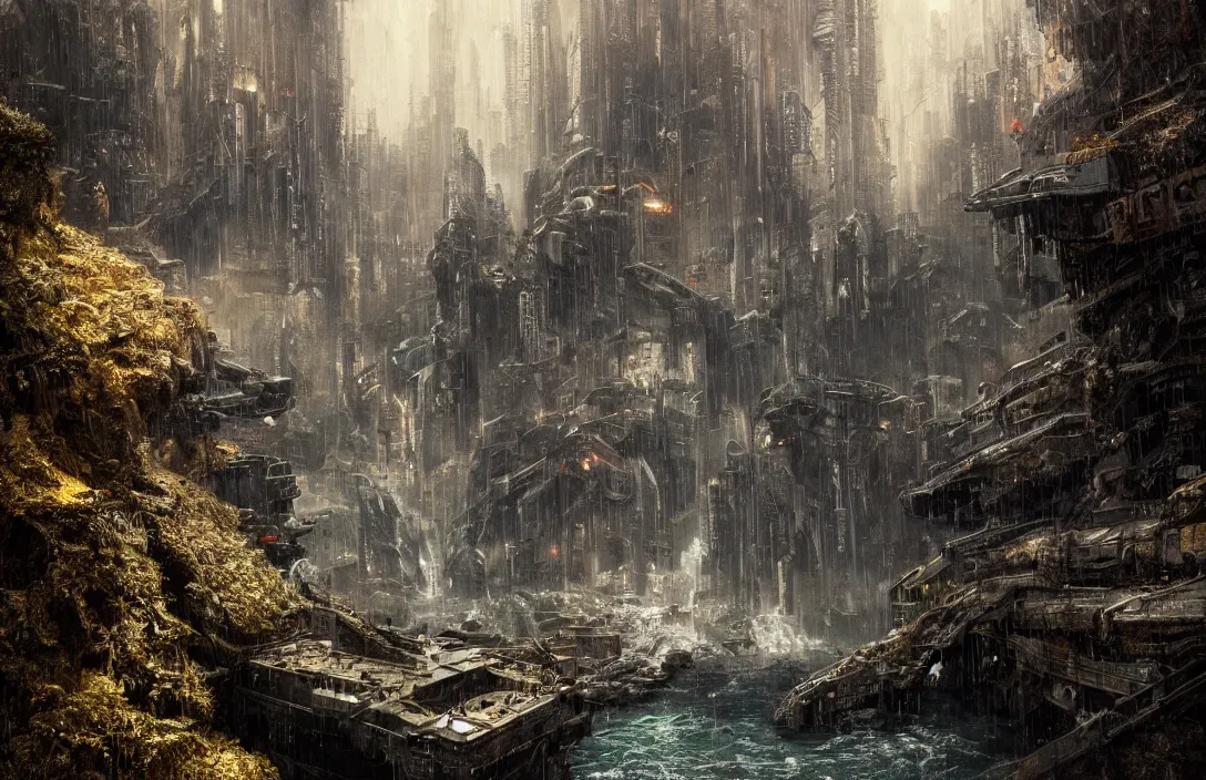 Image similar to a highly detailed abandoned blade runner cyberpunk environment on the edge of a waterfall, detailed intelligent scrollwork, hyperreal phantastic, intricate details in environment, luminance, golden ratio, high aestehtic, cinematic light, dramatic light, godrays, distance, photobash, wideangle, bierstadt, hyperreal 4 k