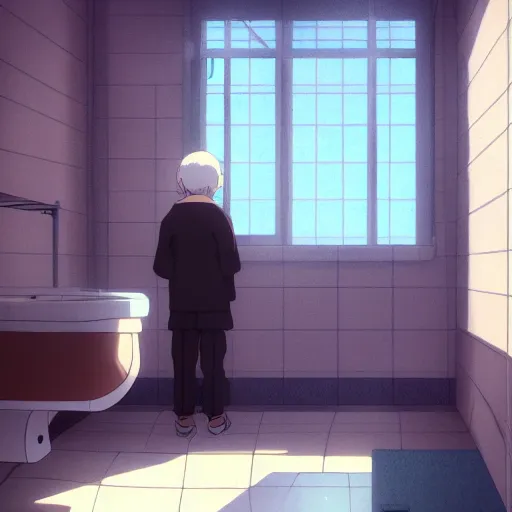 Image similar to an old man in the bathroom,slice of life anime,anime scenery by Makoto shinkai