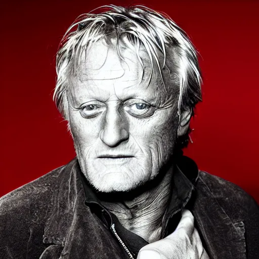 Prompt: award-winning portrait photo of Rutger Hauer, black background, dramatic lighting