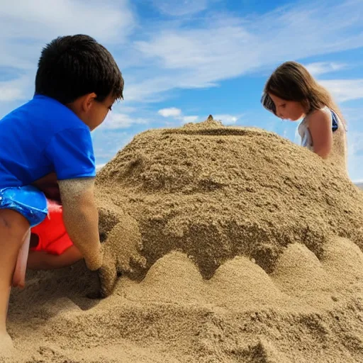 Image similar to photograph of 2 children making a sand sculpture representing a crab. seaside, beach. blue sky, some clouds, sun.