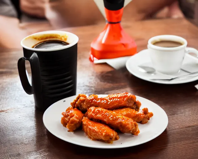 Image similar to hot wings covered in cheese next to a cup of coffee , Cinematic shot, 8k resolution