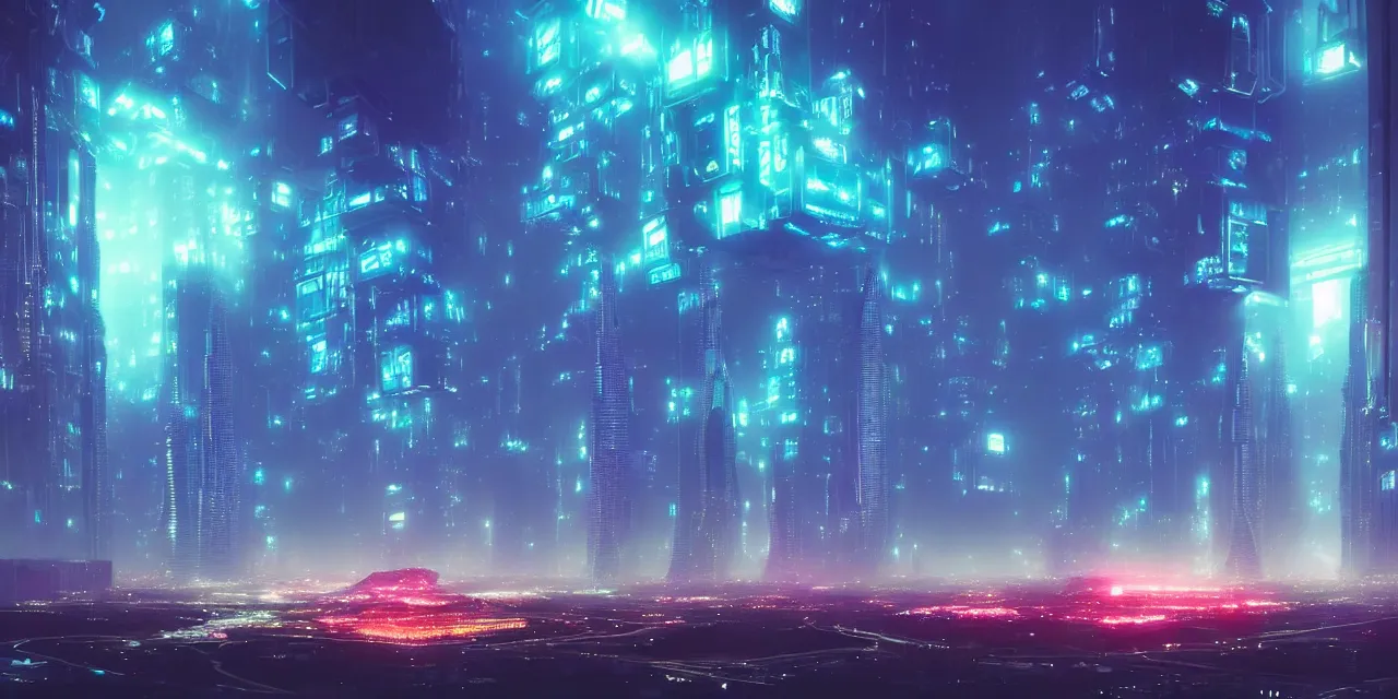 Image similar to a fleet of giant glowing futuristic cubes tied to each other with lots of glowing chains in the sky, thick glowing chains, light rays bouncing between cubes, a fantasy magical cyberpunk dubai tokyo landscape seen in the distance, atmospheric lighting, intricate, volumetric lighting, beautiful, sharp focus, ultra detailed, in the art style of marc simonetti and lee madgwick, astrophotography