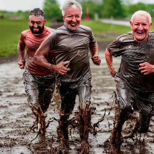 Prompt: action photography old men running in mud, enjoying it, fun, high resolution, 8 k, dslr
