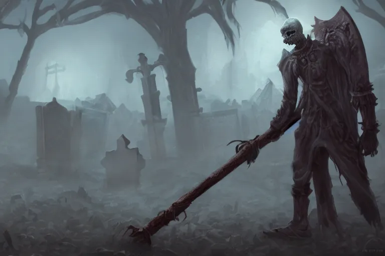 Prompt: a ghoul with a pickaxe in a graveyard, eerie, mixed media, concept art, digital painting, trending on artstation, highly detailed, epic composition, 8 k uhd
