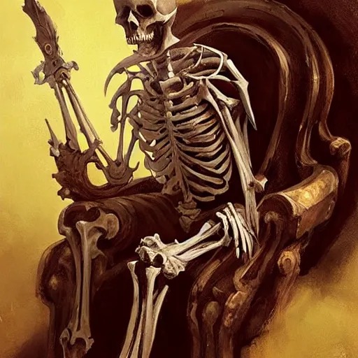 Prompt: Skeleton King resting on his throne, oil painting, by Fernanda Suarez and Greg Rutkowski