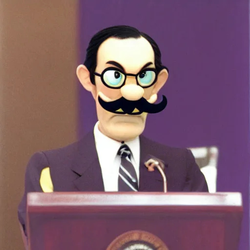 Image similar to president waluigi, real, 1 9 9 3, still, photograph, photo, speech