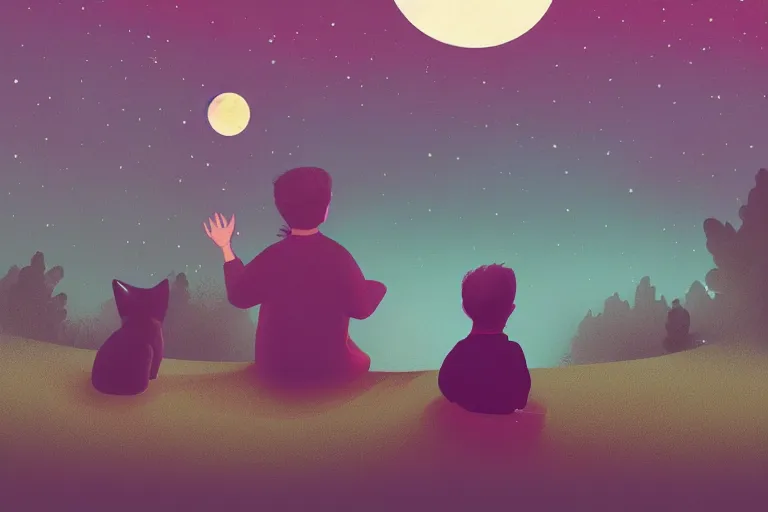 Prompt: portrait of a a cute boy waving his hand, his cat sits alongside, dreamy moonlit nightscape by the garden, lake house, smooth, matte colors, trending on artstation, 4 k, 8 k