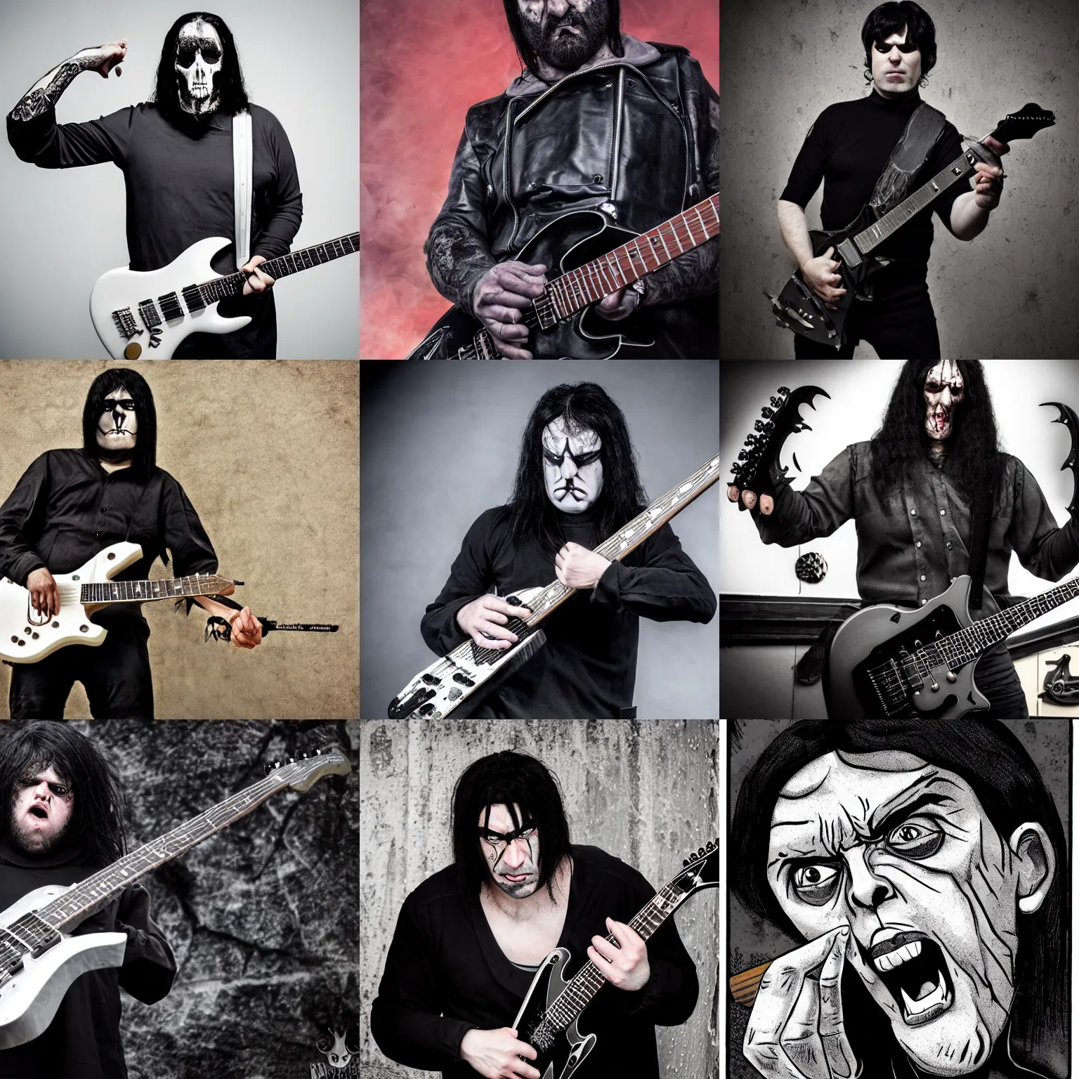 Prompt: gray - skinned brutal scowling man with black hair and epic black metal guitar