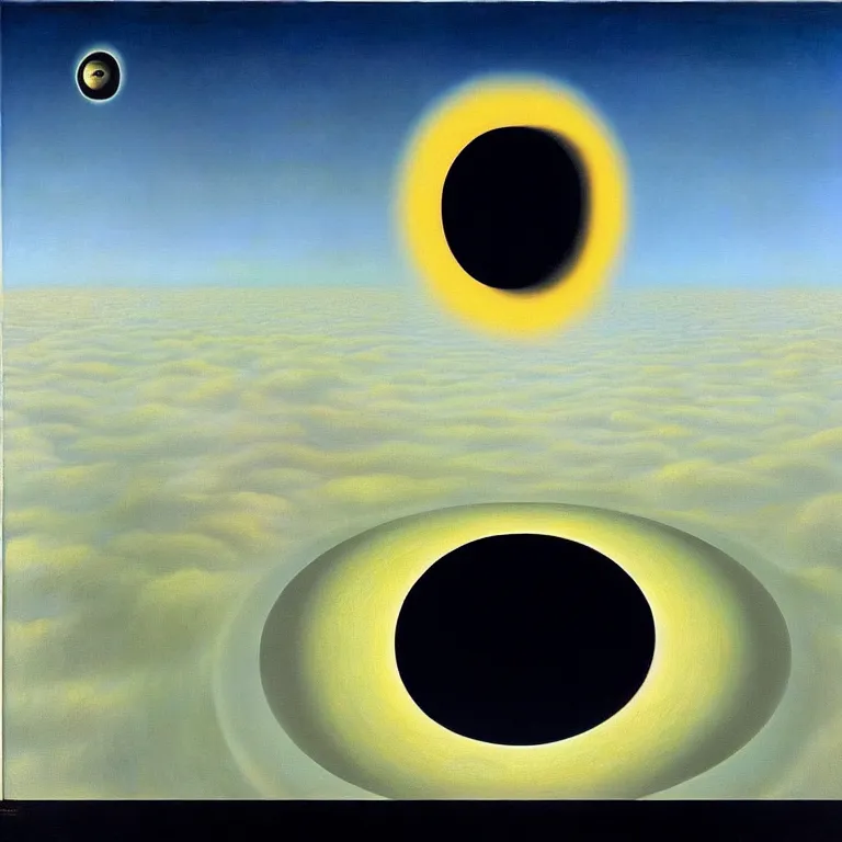 Image similar to a man looks into his own painting and sees a black hole, by rene magritte and salvador dali, surreal, oil on canvas, hyper detailed