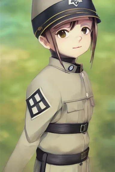 Image similar to beautiful little boy in nazi male uniform. made in abyss art style, sharps focus, pose, cute detailed artwork, anatomically correct, ilya kuvshinov, reflection, perfect composition, mobile wallpaper, digital art, detailed anime soft face, symmetrical face, western anime, illustration, realistic, smooth, nazi chic, lois van baarle, soft details