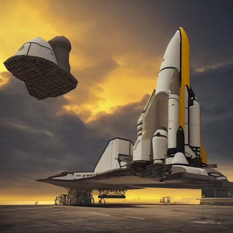 Image similar to “overly complex space shuttle about to blast off from the launch pad, concept art, high-def render, beautiful 3D render, yellow morning sunrise, 4K 3D”