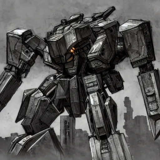 Prompt: Armored Core concept art, concept art, partially destroyed structures, 8k, sand, mecha, weapons, masterpiece