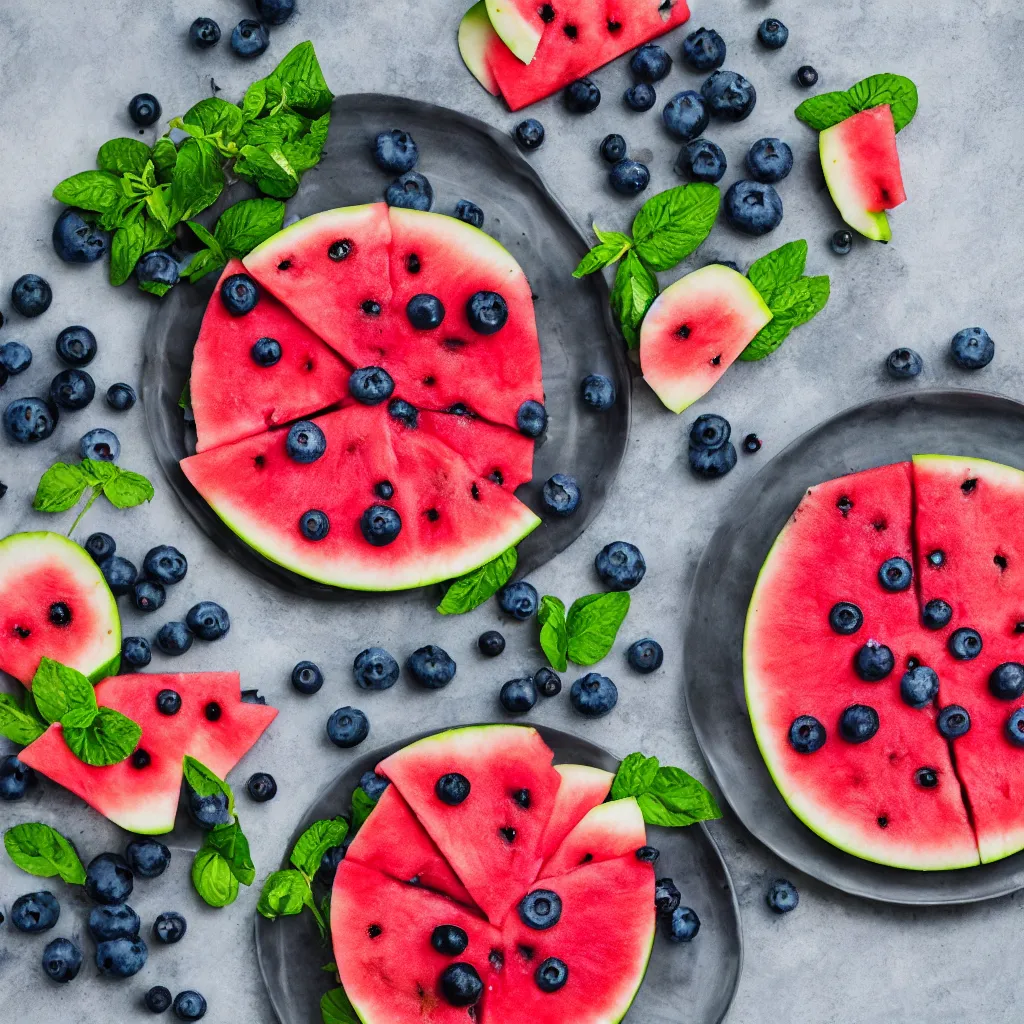 Image similar to blueberry watermelon hybrid on a plate, hyper real, food photography, high quality