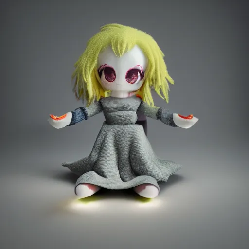 Prompt: cute fumo plush banshee girl lit by a flashlight, grainy found footage, trail cam footage, bokeh f / 2. 5, vray