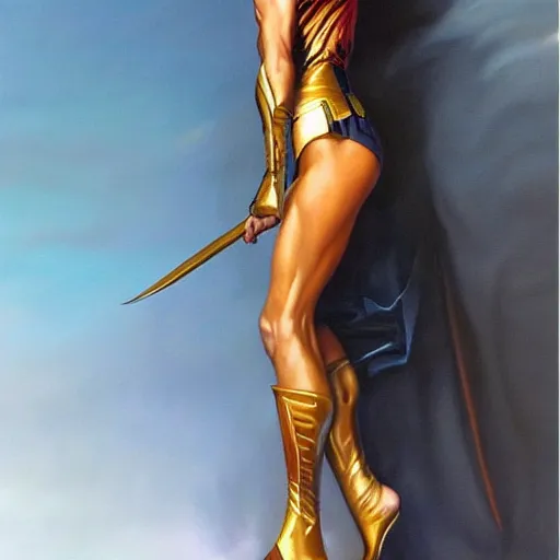 Prompt: a striking hyper real painting of Gal Gadot by boris vallejo. full body