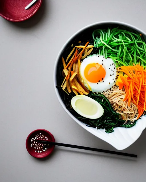 Image similar to realistic photo of delicious bimbimbap, bowl, white kitchen table, marble, highly detailed, by louise lister, sara ali, mary devinat, kailee mandel, masterpiece, award winning, food photography