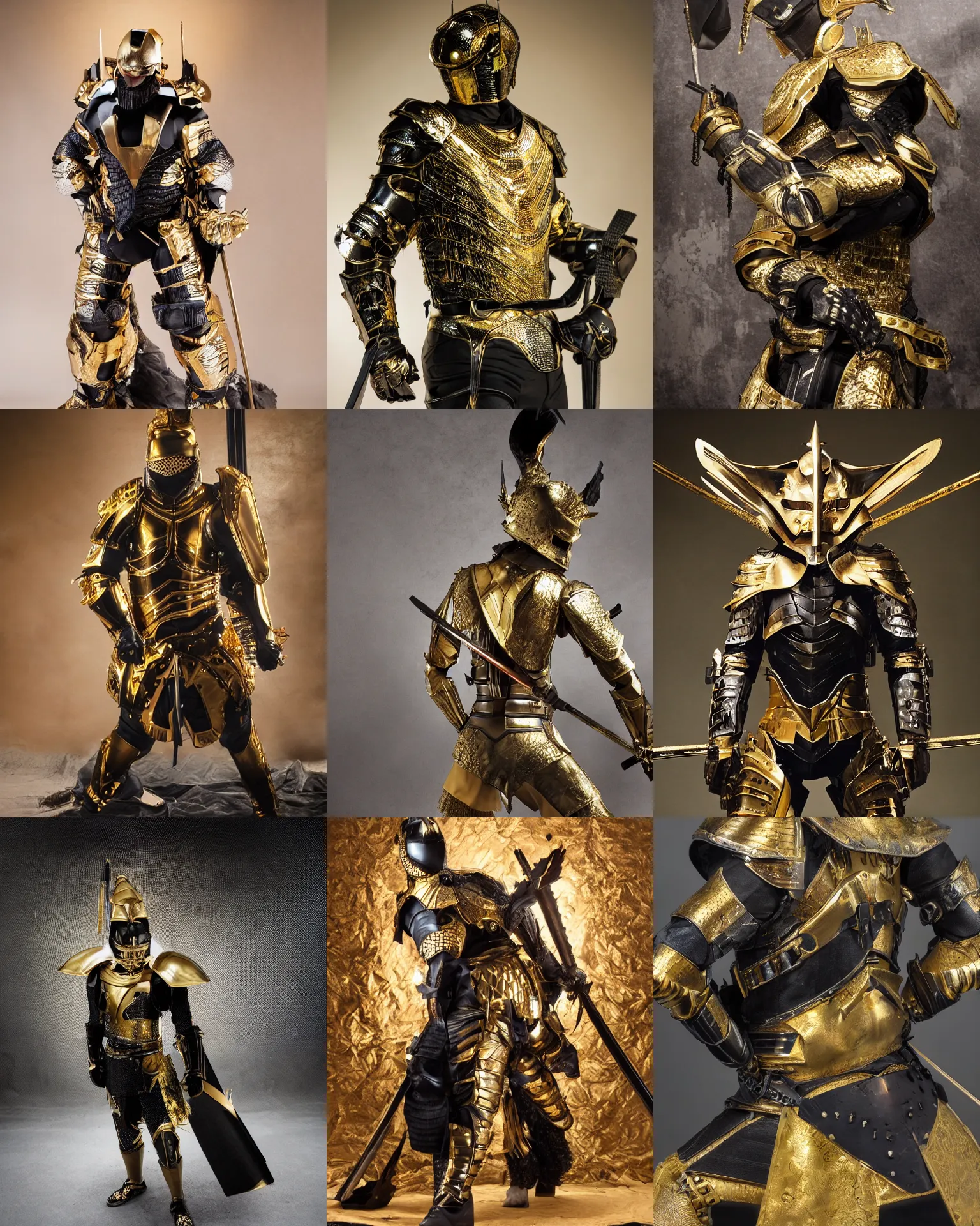 Prompt: a studio photography of samourai wearing gold and black armor, wide angle, dramatic backlighting,