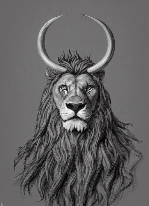 Prompt: a mighty strong creature with the body and eyes of a man, with the beak of an eagle, the mane of a lion, and the horns of an ox. drawn by boris valejo