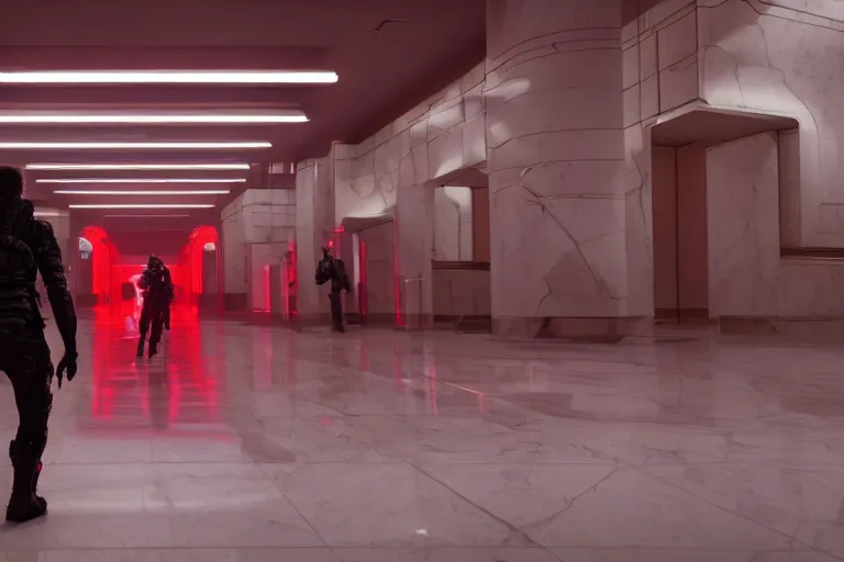 Prompt: Bank interior elegant bank fancy white marble flooring emissive gold accents glowing dimly lit. man wearing bright red motorcycle jacket. holding rifle tactical. Cyberpunk 2077 man wearing red jacket. blade runner 2049 (2019) movie still 35mm wide angle lens