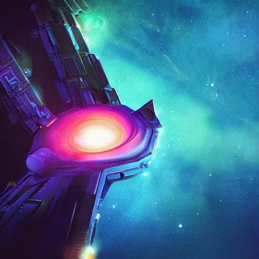 Prompt: clowncore pixar picture of a cyberpunk spaceship coming out of a nebula | lasers firing | sci fi fantasy, golden ratio, sharp focus, concept art