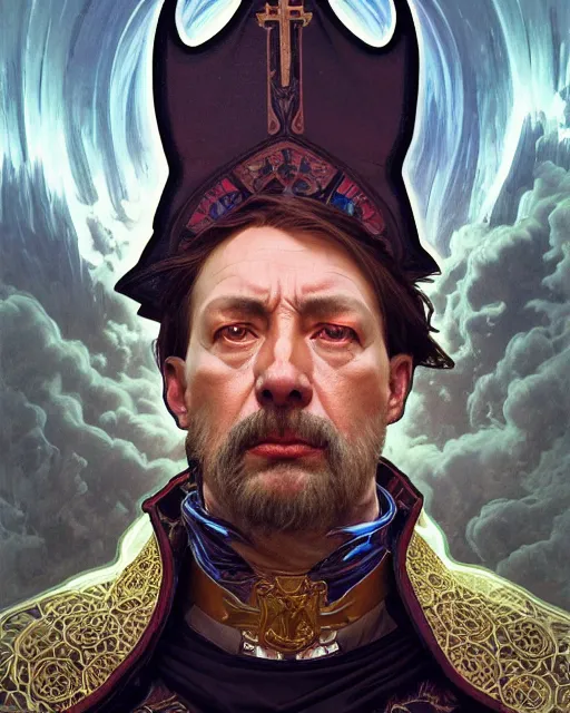 Image similar to realistic wide angle portrait of a nasty bishop, evil, heroic pose, beautiful face, full body, dramatic lighting, intricate, wild, highly detailed, digital painting, artstation, concept art, smooth, sharp focus, illustration, art by artgerm and greg rutkowski and alphonse mucha, footage from space camera