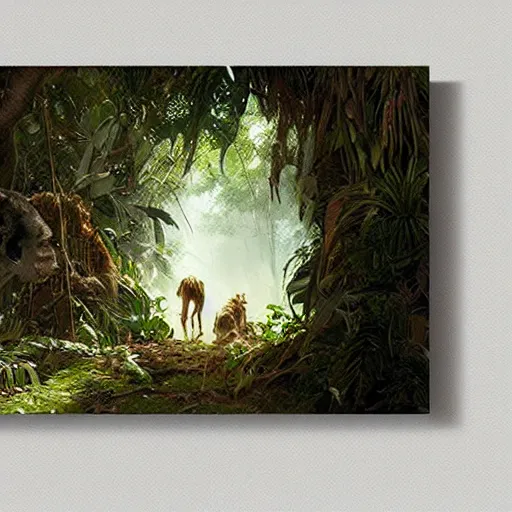 Image similar to animals of the jungle coming out of a doorway, painting by Greg Rutkowski, foliage, dramatic lighting, sharp focus